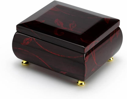 MusicBoxAttic - Burgundy Beveled Top Wooden Music Jewelry Box Musical Jewelry Box with Artistic Floral Motif - 18-Note Mechanical Movement - 5" L x 4.5" W x 2.5" H (Yellow Bird)