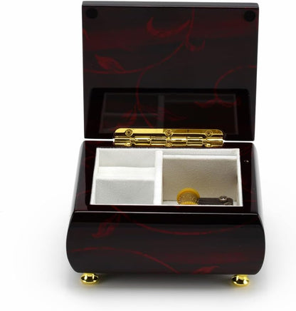 MusicBoxAttic - Burgundy Beveled Top Wooden Music Jewelry Box Musical Jewelry Box with Artistic Floral Motif - 18-Note Mechanical Movement - 5" L x 4.5" W x 2.5" H (Yellow Bird)