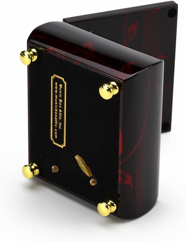 MusicBoxAttic - Burgundy Beveled Top Wooden Music Jewelry Box Musical Jewelry Box with Artistic Floral Motif - 18-Note Mechanical Movement - 5" L x 4.5" W x 2.5" H (Yellow Bird)