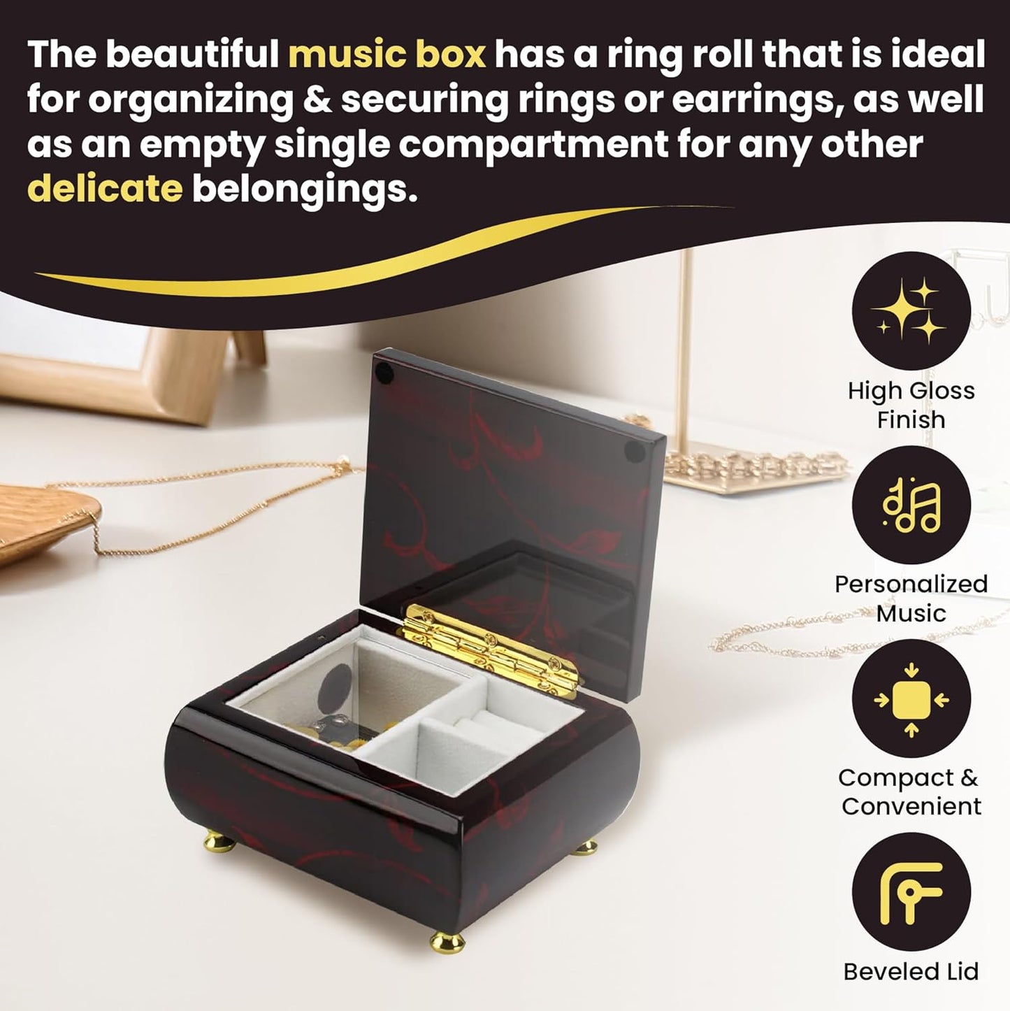 MusicBoxAttic - Burgundy Beveled Top Wooden Music Jewelry Box Musical Jewelry Box with Artistic Floral Motif - 18-Note Mechanical Movement - 5" L x 4.5" W x 2.5" H (Yellow Bird)