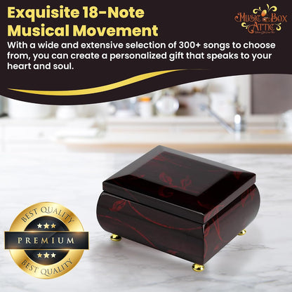 MusicBoxAttic - Burgundy Beveled Top Wooden Music Jewelry Box Musical Jewelry Box with Artistic Floral Motif - 18-Note Mechanical Movement - 5" L x 4.5" W x 2.5" H (Yellow Bird)