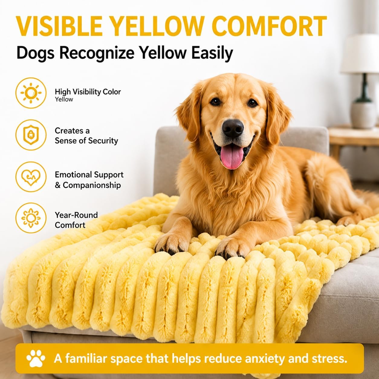 Yellow Dog Blanket for Anxiety Relief, Emotional Support Blanket for Dogs, Soft Faux Rabbit Fur Security Blanket, Cozy Pet Throw for Small Medium Large Dogs and Cats (27.5 × 39.4 in (70 × 100 cm))