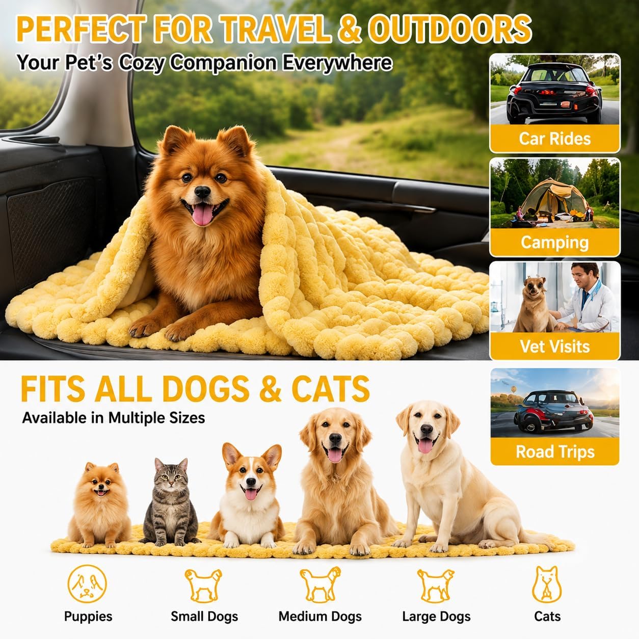 Yellow Dog Blanket for Anxiety Relief, Emotional Support Blanket for Dogs, Soft Faux Rabbit Fur Security Blanket, Cozy Pet Throw for Small Medium Large Dogs and Cats (27.5 × 39.4 in (70 × 100 cm))