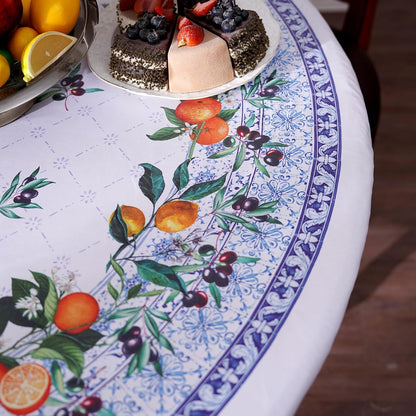 Round Fitted Tablecloth with Elastic Vinyl Tablecloth Waterproof Oil Proof Wipeable Table Cover for Outdoor Picnic Spring Summer Party (Lemon, 46"-56" Round Tight Fit)