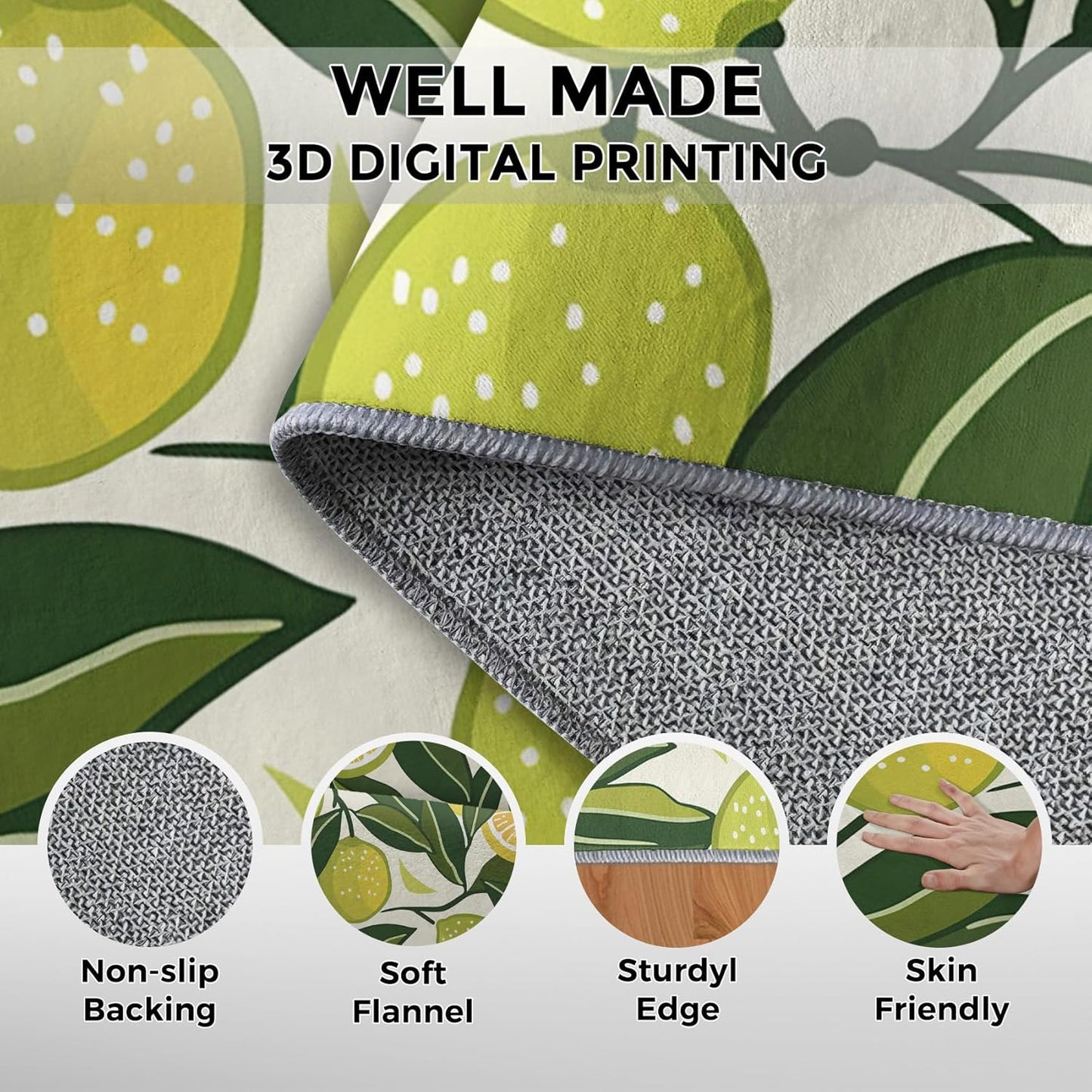 2x3 Cartoon Lemon Throw Rugs for Entryway, Washable Summer Fruits Pattern Indoor Door Mat, Bedroom Kitchen Entrance, Non Slip Soft Thin, Fresh Fruit Decor Small Area Rug PF-P 115