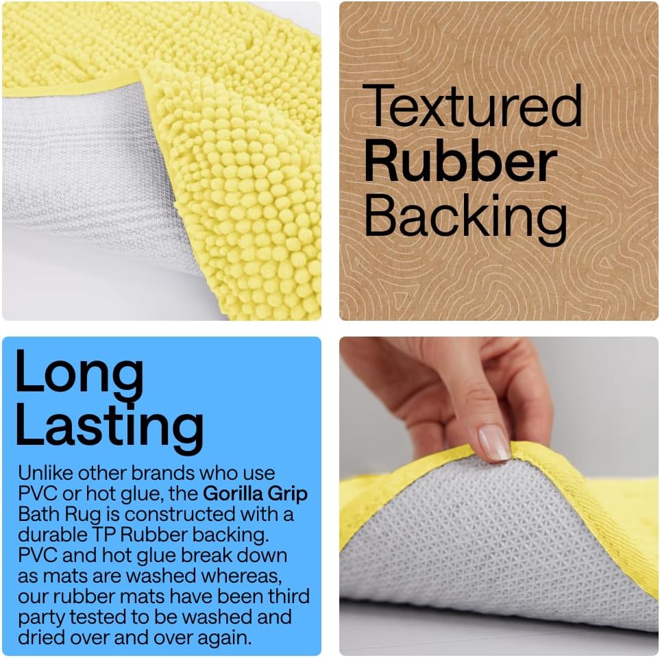 Bath Rug Mat 60x24, Thick Soft Absorbent Chenille, Quick Dry Microfiber Mats, Rubber Backing Washable Shower Floor Rugs, Bathmat Runner, US Designed Bathroom Home Decor Accessories Yellow