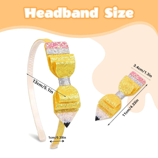 Back to School Headbands for women, Pencil Glitter Bows Cute Headbands, Yellow Bow Hair Ties Hair Bands for Teacher Gifts First Day of Kindergarten and First Day of School Decorations