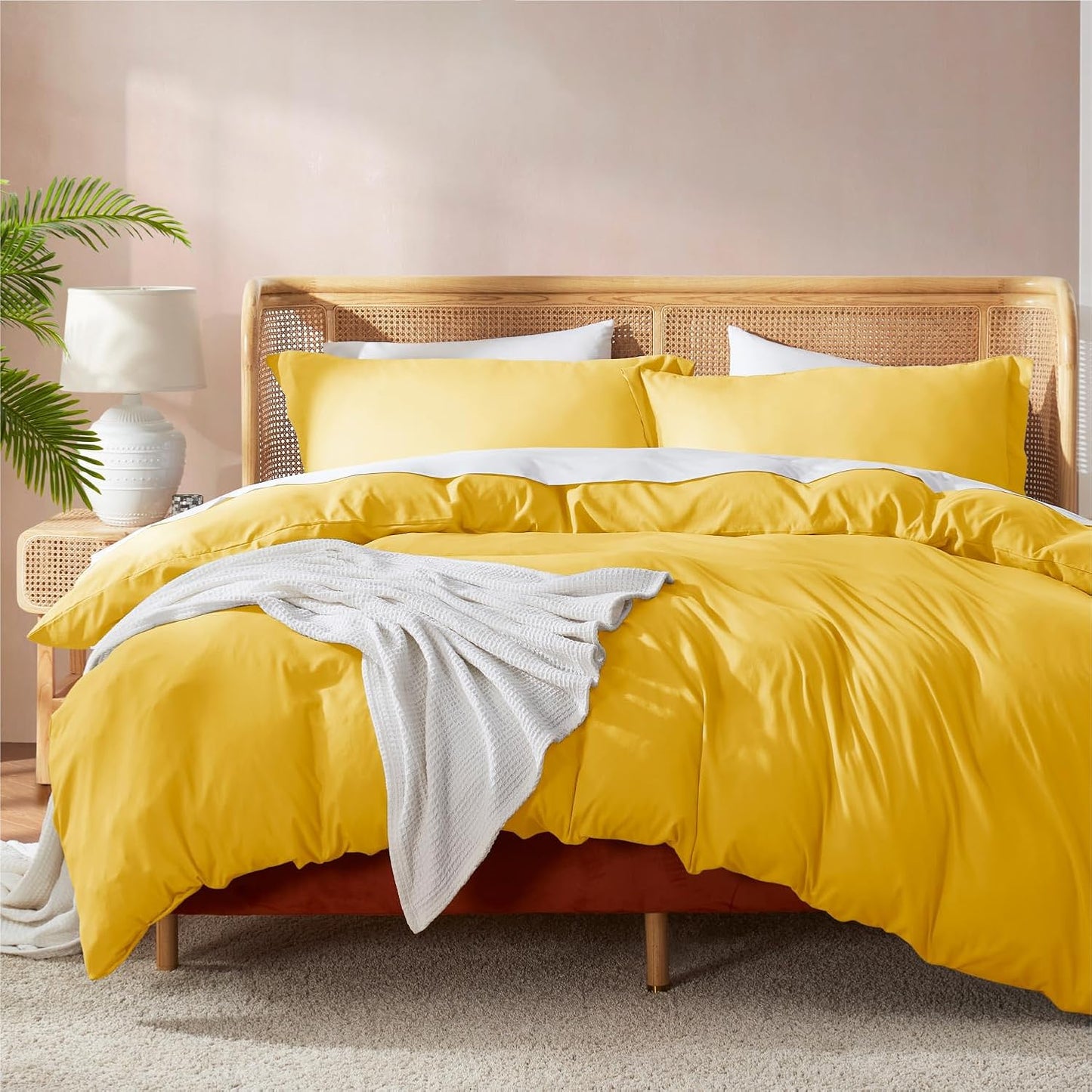 California King Duvet Cover Set with Comforter Insert - Yellow 4 Piece 104x98 Duvet Cover & 2 Pillow Shams with White Quilted Down Alternative Comforter, Ultra Soft, All Season