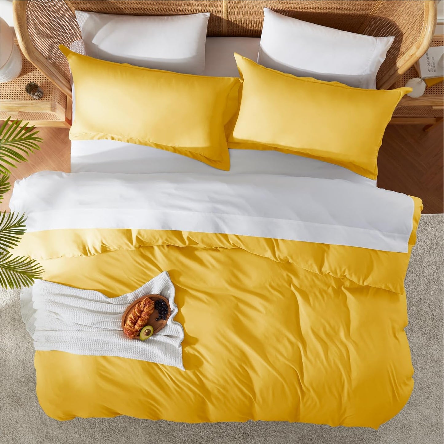 California King Duvet Cover Set with Comforter Insert - Yellow 4 Piece 104x98 Duvet Cover & 2 Pillow Shams with White Quilted Down Alternative Comforter, Ultra Soft, All Season