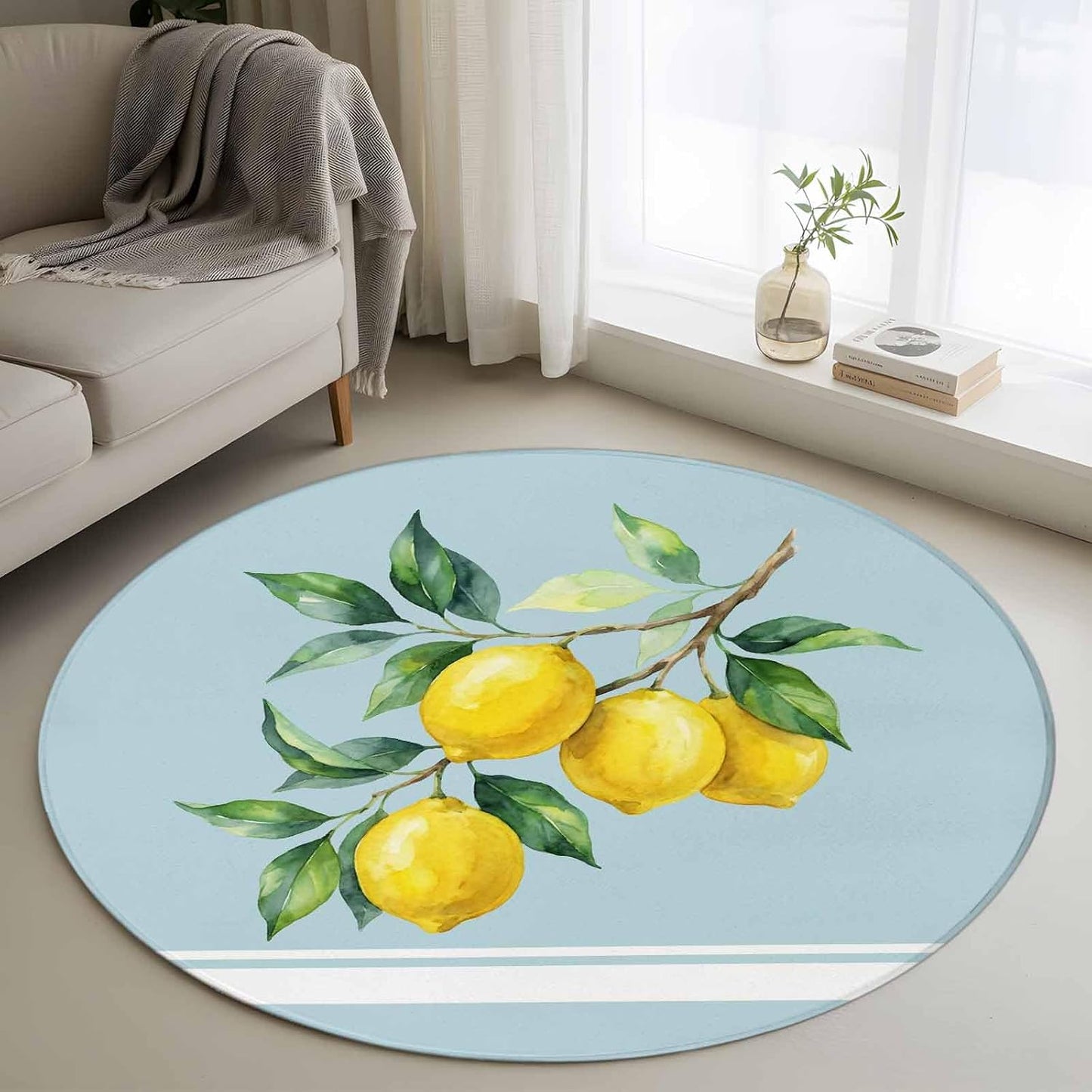 Round Area Rug 3ft, Watercolor Yellow Lemon Leaves Non-Shedding Washable Area Rug, Summer Fruit on Light Blue Non Slip Low-Profile Circle Rugs for Living Room, Bedroom Dining Room