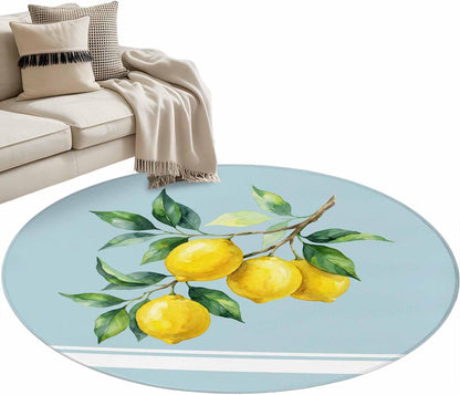 Round Area Rug 3ft, Watercolor Yellow Lemon Leaves Non-Shedding Washable Area Rug, Summer Fruit on Light Blue Non Slip Low-Profile Circle Rugs for Living Room, Bedroom Dining Room