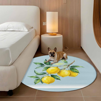 Round Area Rug 3ft, Watercolor Yellow Lemon Leaves Non-Shedding Washable Area Rug, Summer Fruit on Light Blue Non Slip Low-Profile Circle Rugs for Living Room, Bedroom Dining Room