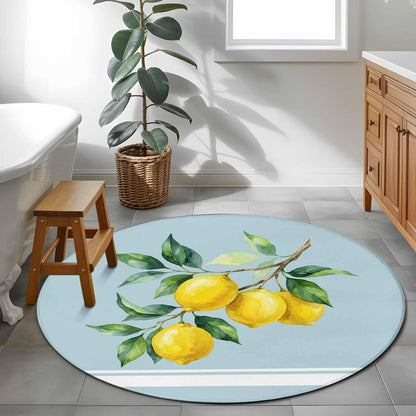 Round Area Rug 3ft, Watercolor Yellow Lemon Leaves Non-Shedding Washable Area Rug, Summer Fruit on Light Blue Non Slip Low-Profile Circle Rugs for Living Room, Bedroom Dining Room