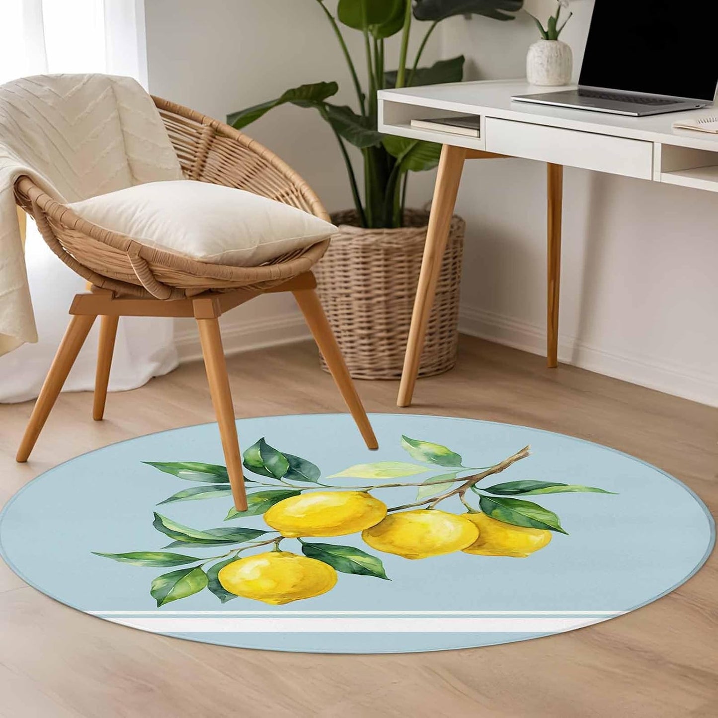 Round Area Rug 3ft, Watercolor Yellow Lemon Leaves Non-Shedding Washable Area Rug, Summer Fruit on Light Blue Non Slip Low-Profile Circle Rugs for Living Room, Bedroom Dining Room