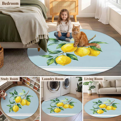 Round Area Rug 3ft, Watercolor Yellow Lemon Leaves Non-Shedding Washable Area Rug, Summer Fruit on Light Blue Non Slip Low-Profile Circle Rugs for Living Room, Bedroom Dining Room