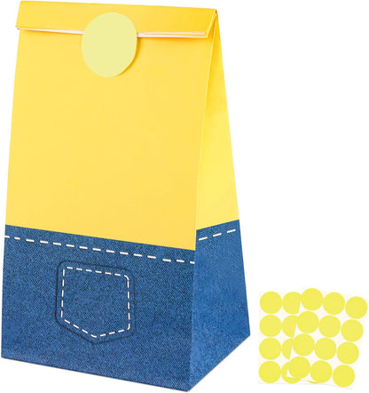 24 Pack Yellow Cartoon Paper Bags with Banana Stickers Blue Jeans Goodie Candy Treat Bag Party Favor Gift Bags for Kids Boys Girls Birthday Baby Shower Party Decoration Supplies