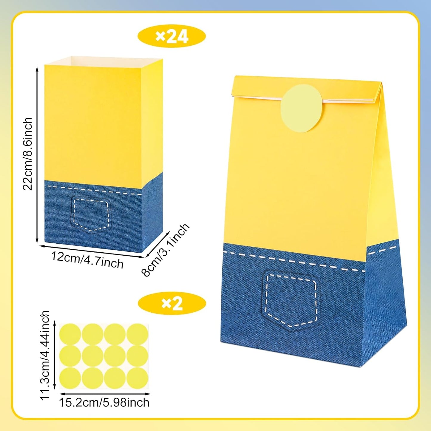 24 Pack Yellow Cartoon Paper Bags with Banana Stickers Blue Jeans Goodie Candy Treat Bag Party Favor Gift Bags for Kids Boys Girls Birthday Baby Shower Party Decoration Supplies