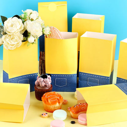 24 Pack Yellow Cartoon Paper Bags with Banana Stickers Blue Jeans Goodie Candy Treat Bag Party Favor Gift Bags for Kids Boys Girls Birthday Baby Shower Party Decoration Supplies