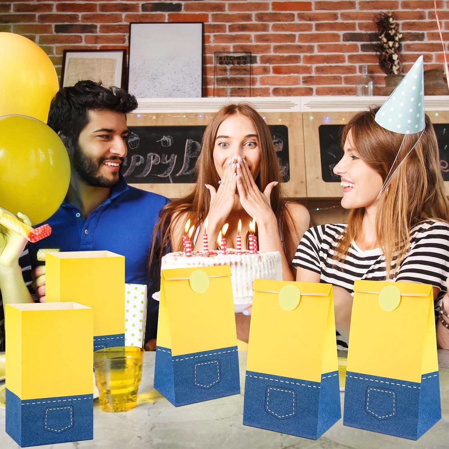 24 Pack Yellow Cartoon Paper Bags with Banana Stickers Blue Jeans Goodie Candy Treat Bag Party Favor Gift Bags for Kids Boys Girls Birthday Baby Shower Party Decoration Supplies