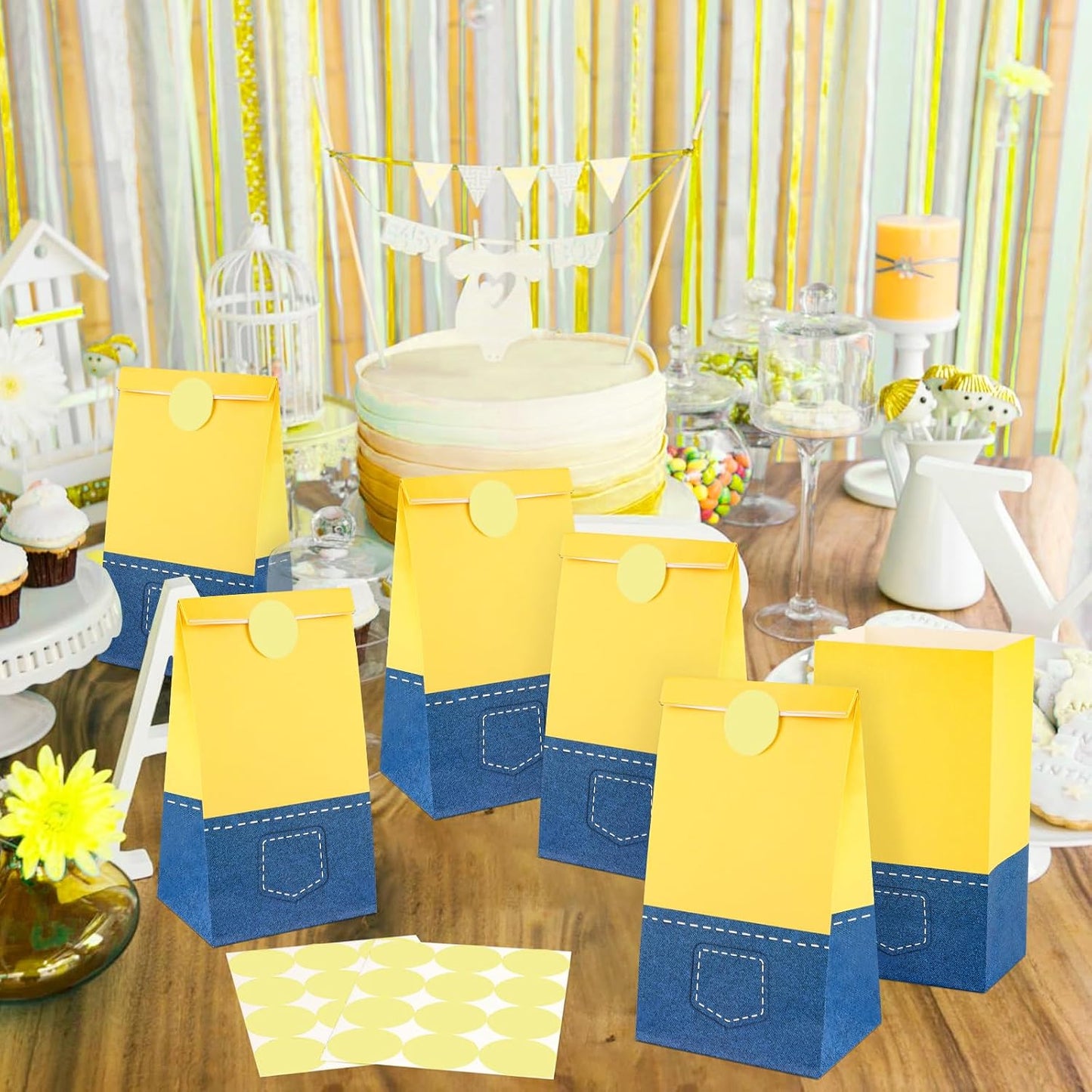 24 Pack Yellow Cartoon Paper Bags with Banana Stickers Blue Jeans Goodie Candy Treat Bag Party Favor Gift Bags for Kids Boys Girls Birthday Baby Shower Party Decoration Supplies