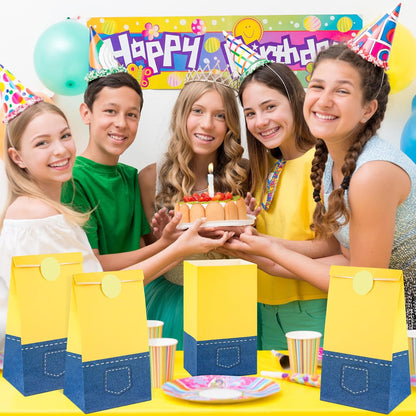 24 Pack Yellow Cartoon Paper Bags with Banana Stickers Blue Jeans Goodie Candy Treat Bag Party Favor Gift Bags for Kids Boys Girls Birthday Baby Shower Party Decoration Supplies