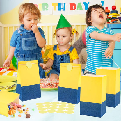 24 Pack Yellow Cartoon Paper Bags with Banana Stickers Blue Jeans Goodie Candy Treat Bag Party Favor Gift Bags for Kids Boys Girls Birthday Baby Shower Party Decoration Supplies