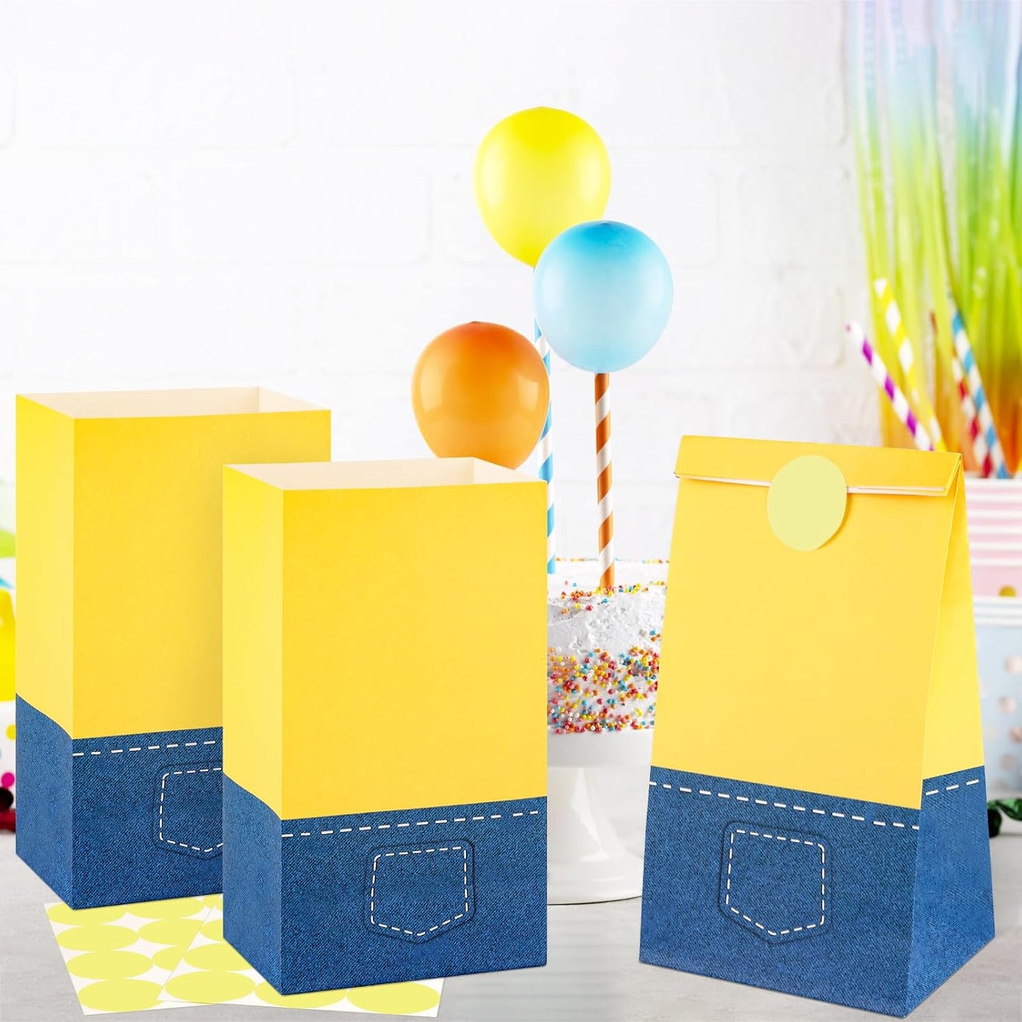 24 Pack Yellow Cartoon Paper Bags with Banana Stickers Blue Jeans Goodie Candy Treat Bag Party Favor Gift Bags for Kids Boys Girls Birthday Baby Shower Party Decoration Supplies