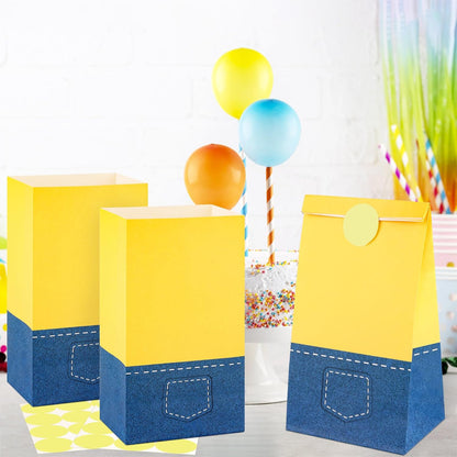 24 Pack Yellow Cartoon Paper Bags with Banana Stickers Blue Jeans Goodie Candy Treat Bag Party Favor Gift Bags for Kids Boys Girls Birthday Baby Shower Party Decoration Supplies