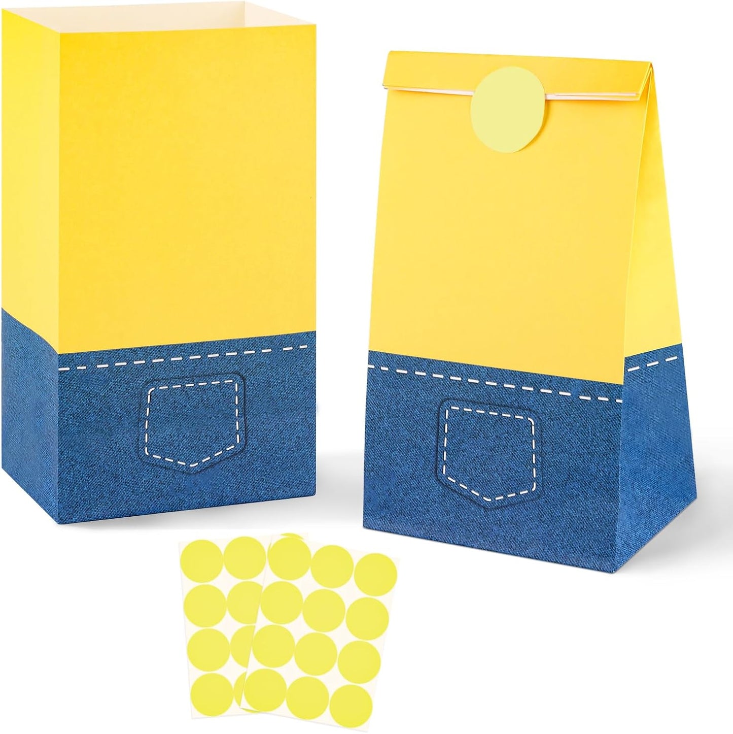 24 Pack Yellow Cartoon Paper Bags with Banana Stickers Blue Jeans Goodie Candy Treat Bag Party Favor Gift Bags for Kids Boys Girls Birthday Baby Shower Party Decoration Supplies
