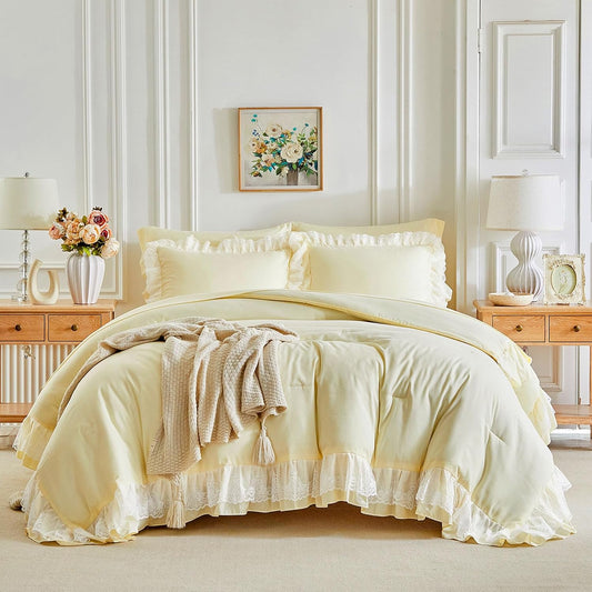 Lace Ruffle Bed in a Bag Yellow, Queen Size Microfiber 7pcs Ruffled Comforter Sheet Set for Girls, Princess Style Vintage Boho Chic Bedding Comforter Set for All Season
