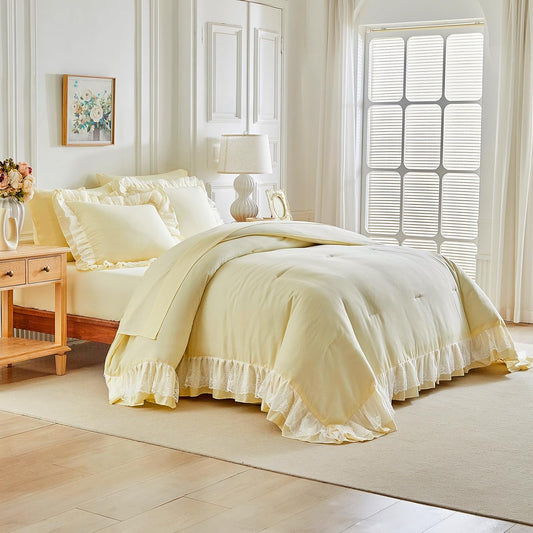 Lace Ruffle Bed in a Bag Yellow, Queen Size Microfiber 7pcs Ruffled Comforter Sheet Set for Girls, Princess Style Vintage Boho Chic Bedding Comforter Set for All Season