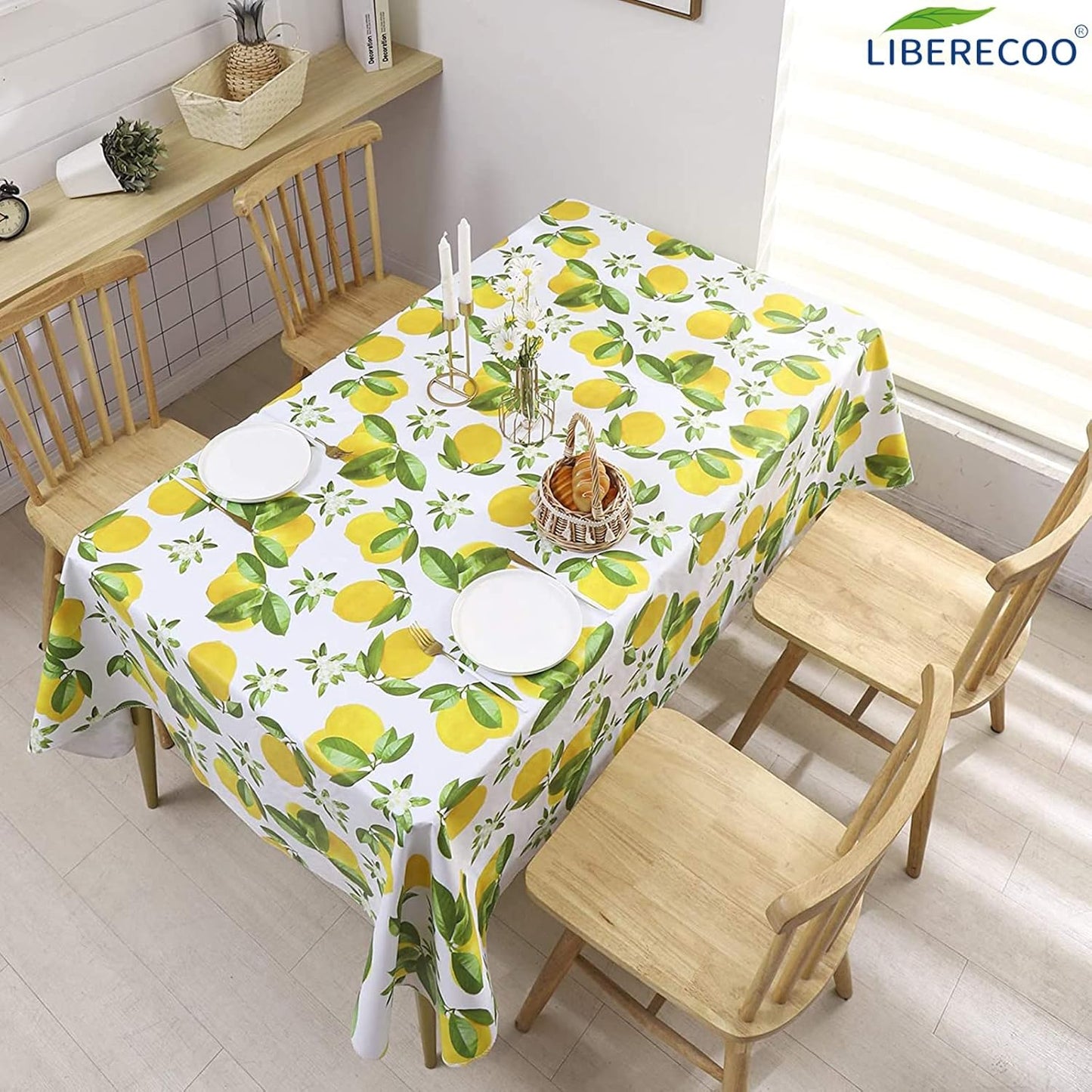 LIBERECOO Vinyl Tablecloth with Flannel Backing, 60 x 102 Lemon Stain-Resistant Rectangle PVC Flannel Backed Table Cover Waterproof Wipeable for Indoor and Outdoor
