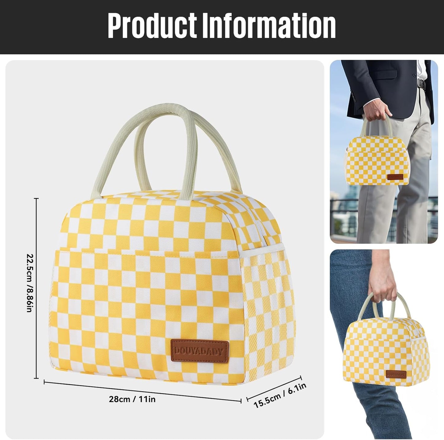 Lunch Bag Women/Men Lunch Box Women/Men (Yellow+White Checkerboard) | Spacious Lightweight Waterproof Sturdy Durable Great Value For Office Work School Picnic Travel