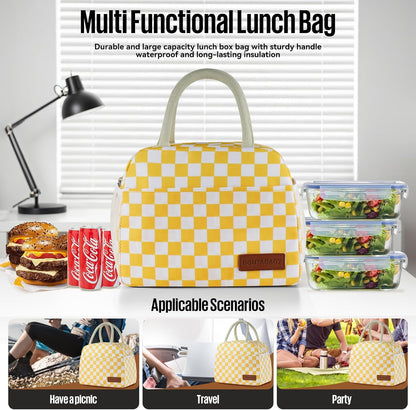 Lunch Bag Women/Men Lunch Box Women/Men (Yellow+White Checkerboard) | Spacious Lightweight Waterproof Sturdy Durable Great Value For Office Work School Picnic Travel