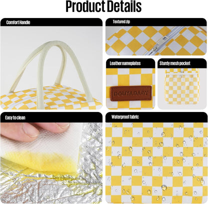 Lunch Bag Women/Men Lunch Box Women/Men (Yellow+White Checkerboard) | Spacious Lightweight Waterproof Sturdy Durable Great Value For Office Work School Picnic Travel