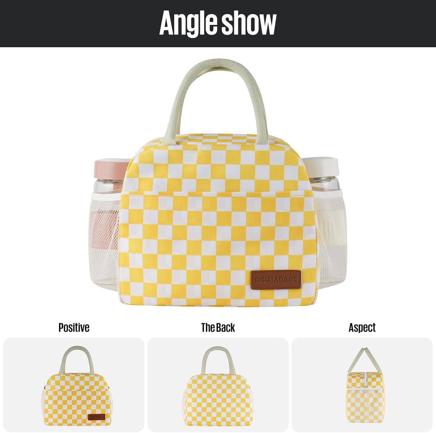 Lunch Bag Women/Men Lunch Box Women/Men (Yellow+White Checkerboard) | Spacious Lightweight Waterproof Sturdy Durable Great Value For Office Work School Picnic Travel