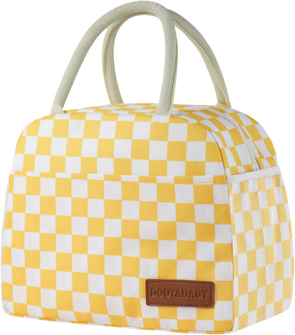 Lunch Bag Women/Men Lunch Box Women/Men (Yellow+White Checkerboard) | Spacious Lightweight Waterproof Sturdy Durable Great Value For Office Work School Picnic Travel