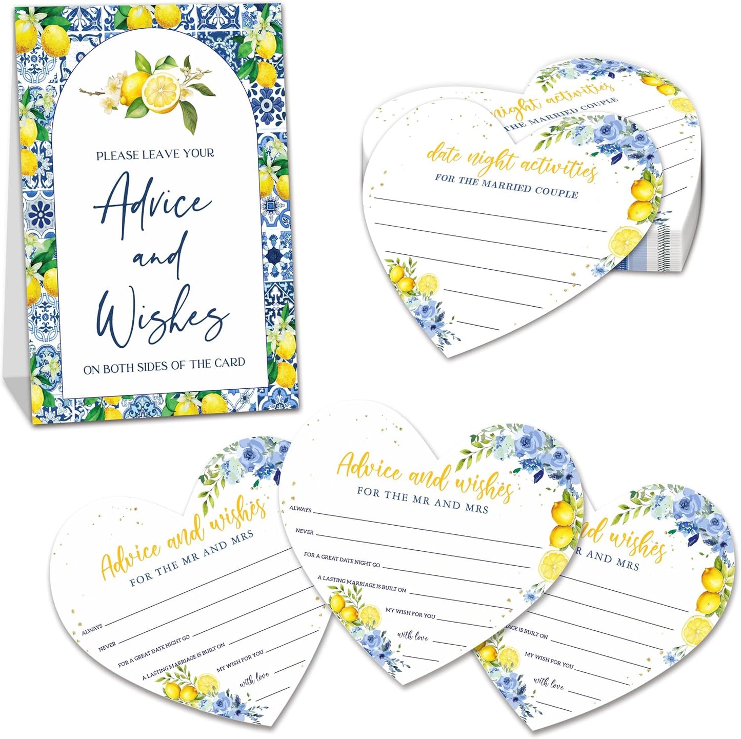 Advice and Wishes for The Mr and Mrs, Heart Shaped Wedding Advice Cards For 25 Guests, Lemon Themed Cards For The Bride And Groom, She Found Her Main Squeeze Bridal Shower Decor -01