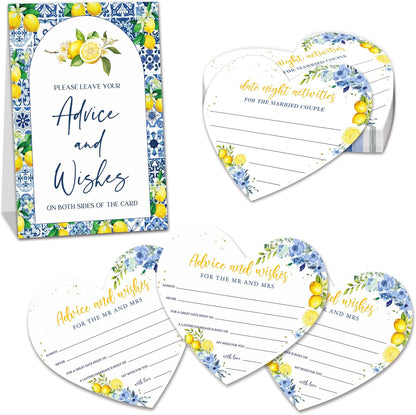 Advice and Wishes for The Mr and Mrs, Heart Shaped Wedding Advice Cards For 25 Guests, Lemon Themed Cards For The Bride And Groom, She Found Her Main Squeeze Bridal Shower Decor -01