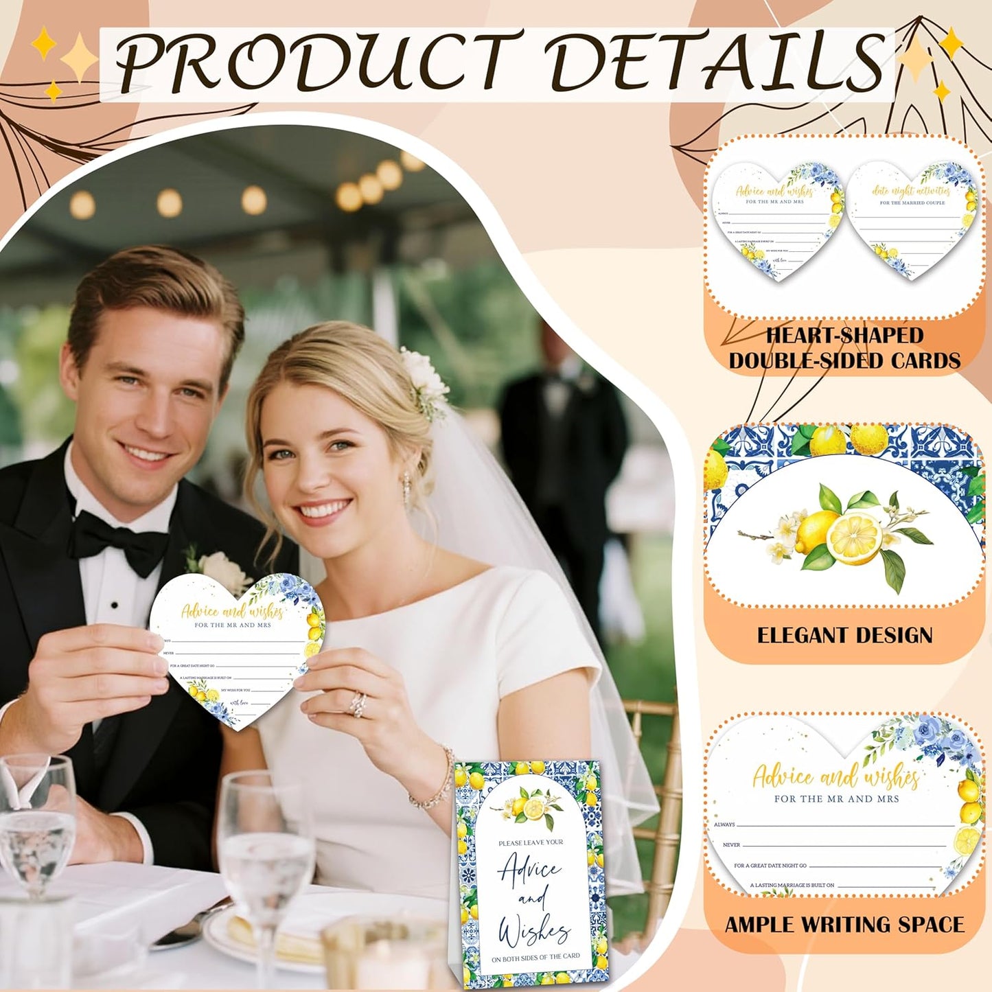 Advice and Wishes for The Mr and Mrs, Heart Shaped Wedding Advice Cards For 25 Guests, Lemon Themed Cards For The Bride And Groom, She Found Her Main Squeeze Bridal Shower Decor -01
