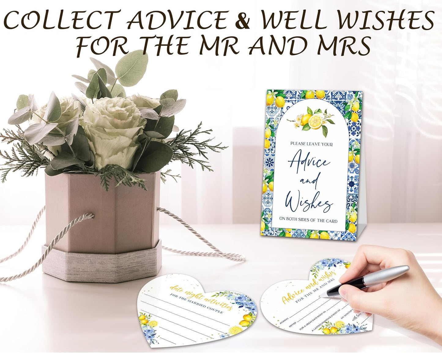 Advice and Wishes for The Mr and Mrs, Heart Shaped Wedding Advice Cards For 25 Guests, Lemon Themed Cards For The Bride And Groom, She Found Her Main Squeeze Bridal Shower Decor -01