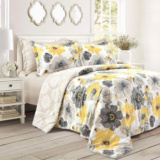 Leah Reversible Comforter Set, 6 Piece Set, Full/Queen, Yellow & Gray- Watercolor Botanical Comforter Queen Size-Farmhouse Florals Bedding Decor