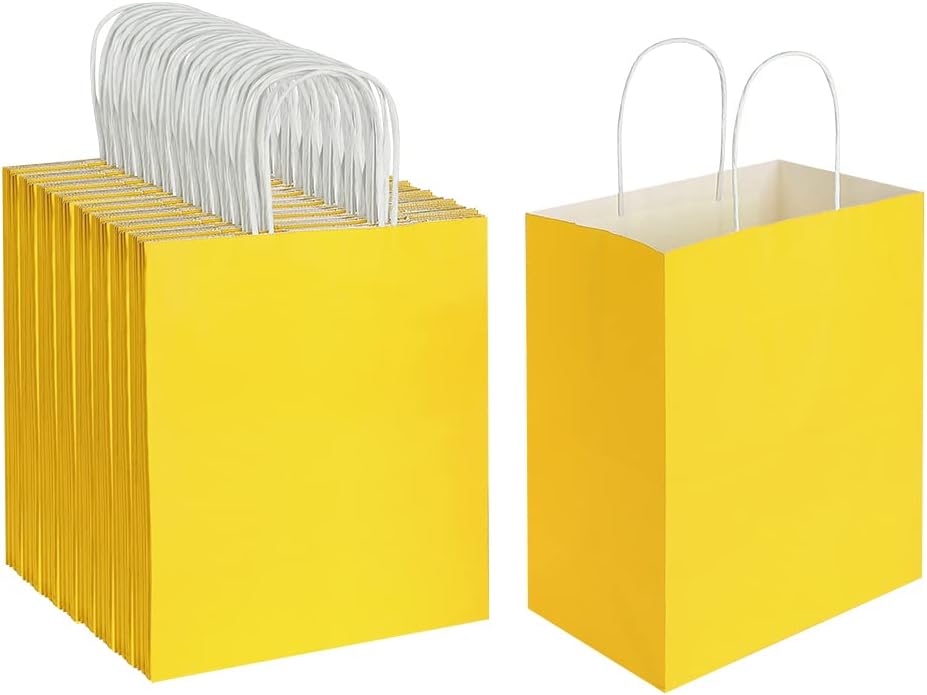 100 Pack 8x4.75x10 Inch Medium Yellow Kraft Paper Bags with Handles Bulk for Birthday Wedding Party Favors Grocery Retail Shopping Business Takeout Goody Craft Gift Bags Sacks, (100pcs Count)