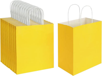 100 Pack 8x4.75x10 Inch Medium Yellow Kraft Paper Bags with Handles Bulk for Birthday Wedding Party Favors Grocery Retail Shopping Business Takeout Goody Craft Gift Bags Sacks, (100pcs Count)