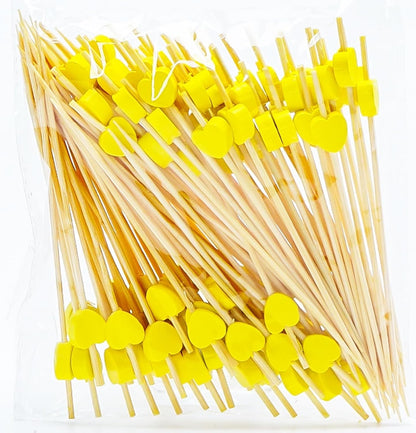 100 Pack Fruit Toothpicks Yellow Heart-Shaped Bamboo Cocktail Picks Natural Bamboo Toothpicks for Appetizers Fruit Cake Dessert Barbecue Snacks Sandwiches for Birthday party Decoration Party Supplies