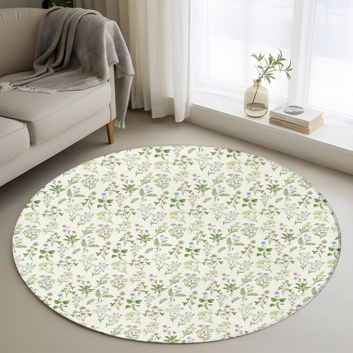 3ft Round Rug,Country Seamless Floral Leaves Washable Area Rugs Non-Slip Accent Rug Summer Plant on Light Yellow Soft Circle Carpet for Living Room Bedroom Home Office Decor
