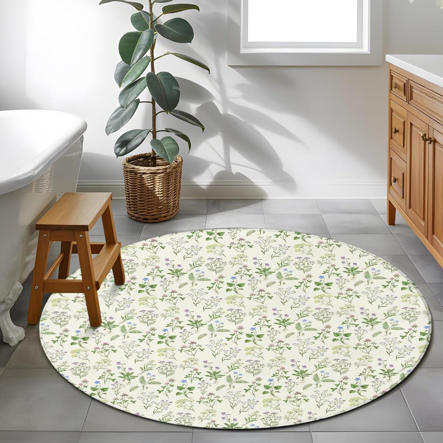 3ft Round Rug,Country Seamless Floral Leaves Washable Area Rugs Non-Slip Accent Rug Summer Plant on Light Yellow Soft Circle Carpet for Living Room Bedroom Home Office Decor