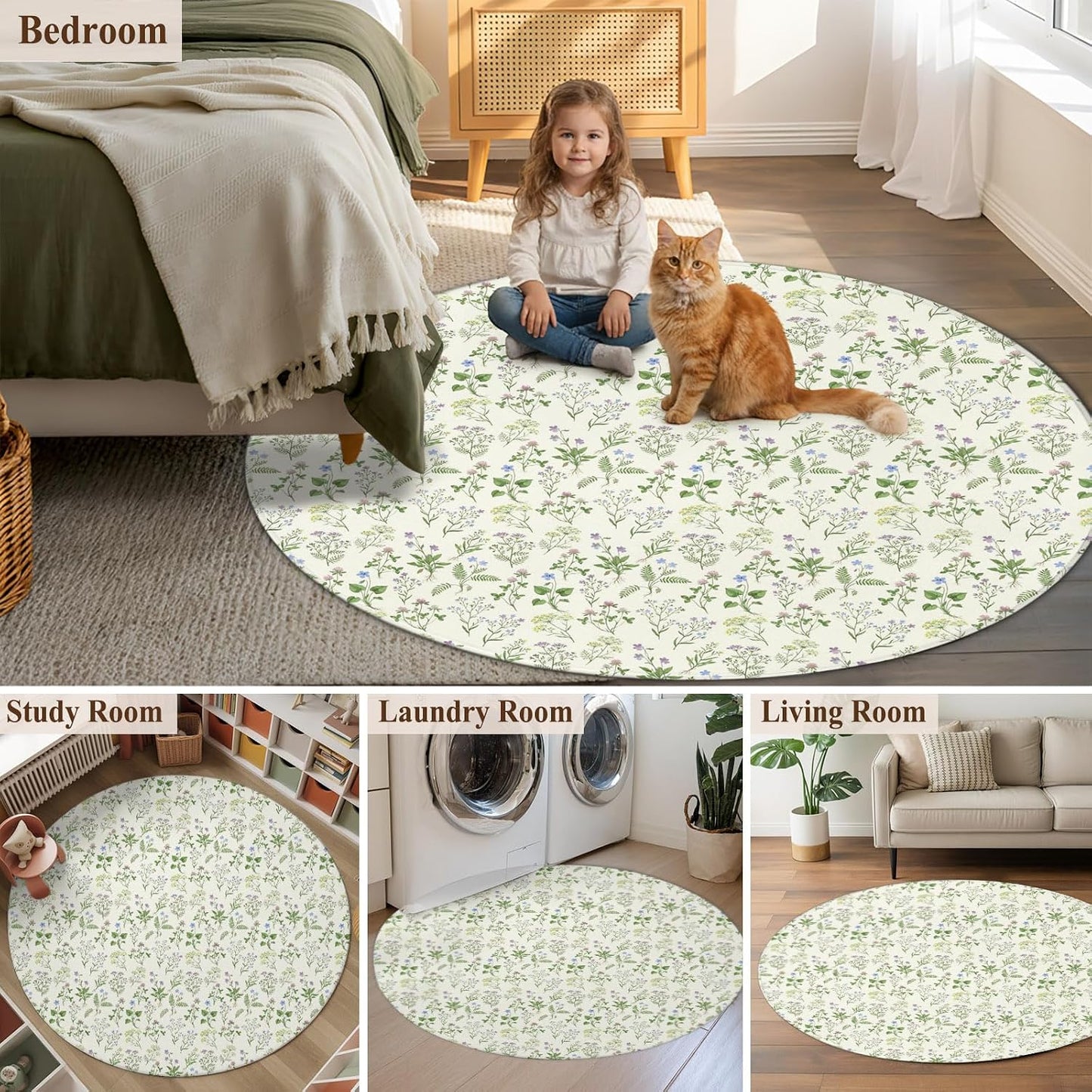 3ft Round Rug,Country Seamless Floral Leaves Washable Area Rugs Non-Slip Accent Rug Summer Plant on Light Yellow Soft Circle Carpet for Living Room Bedroom Home Office Decor