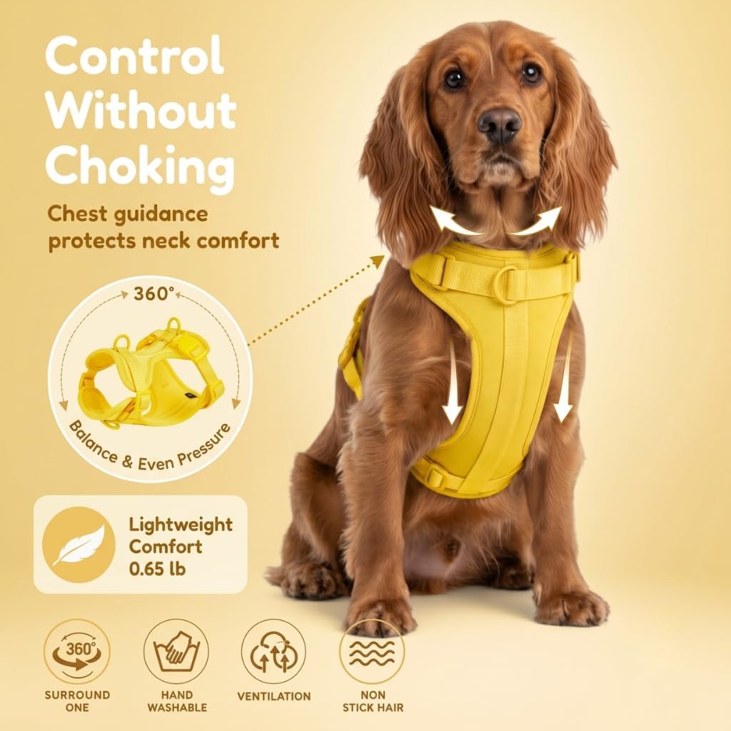 No Pull Dog Harness with 3 Leash Clips, Adjustable Vest, Easy Overhead Fit, No Choke Pet Vest, Soft Padding Chest Panel Gentle Leader for Dog Harness for Medium Dogs Yellow