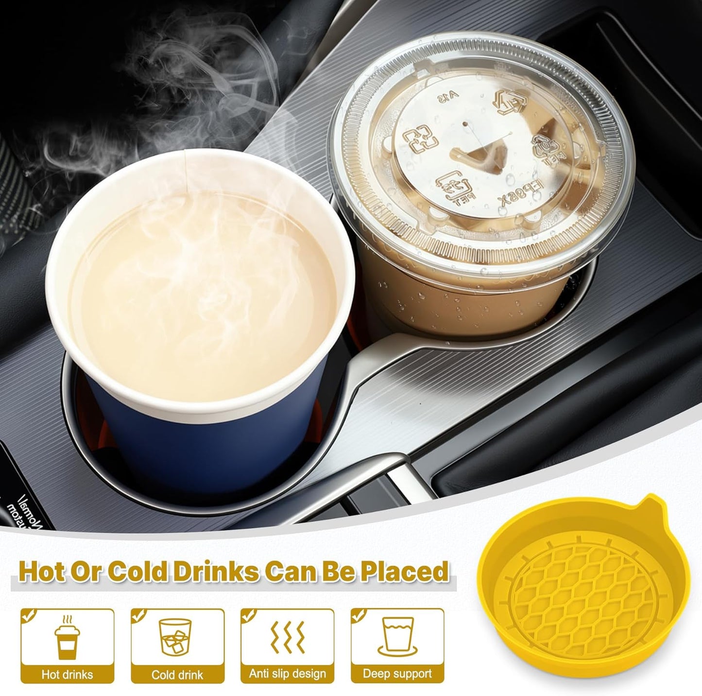 Car Cup Holder Coaster, Silicone Cup Holder Insert, Universal Non-Slip Cup Holders, Car Accessories Interior for Women and Man 4 Pack Yellow